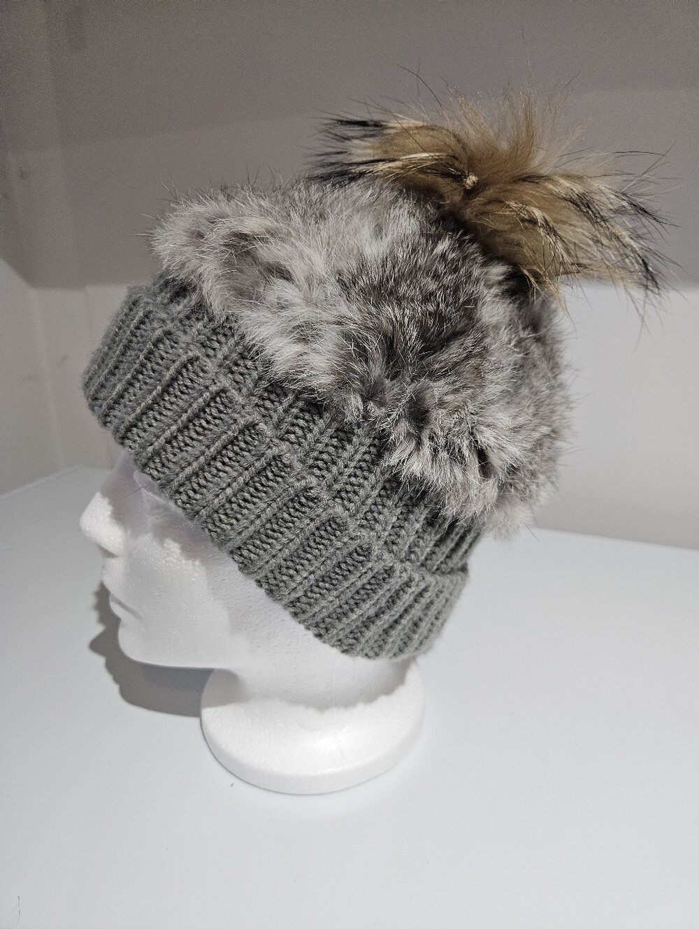 Rabbit Fur & Knit Winter Touque Hat With Fur Puff Pompom